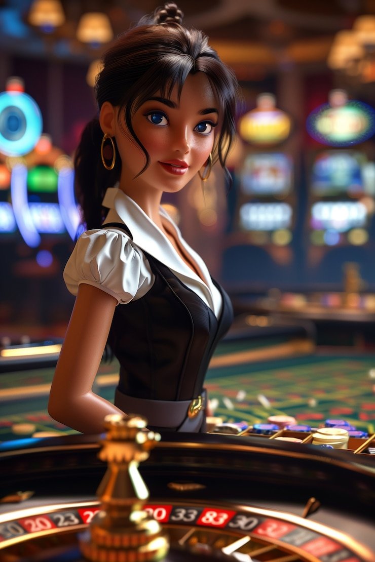 Suasana permainan kasino live yang sibuk dan penuh warna di platform densustoto